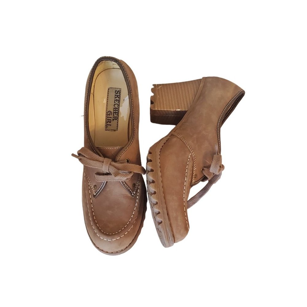 Skechers Brown Leather 7.5 Chunky 90s Y2K Heels‎ Pumps Moc Toe Lace Up Oxfords